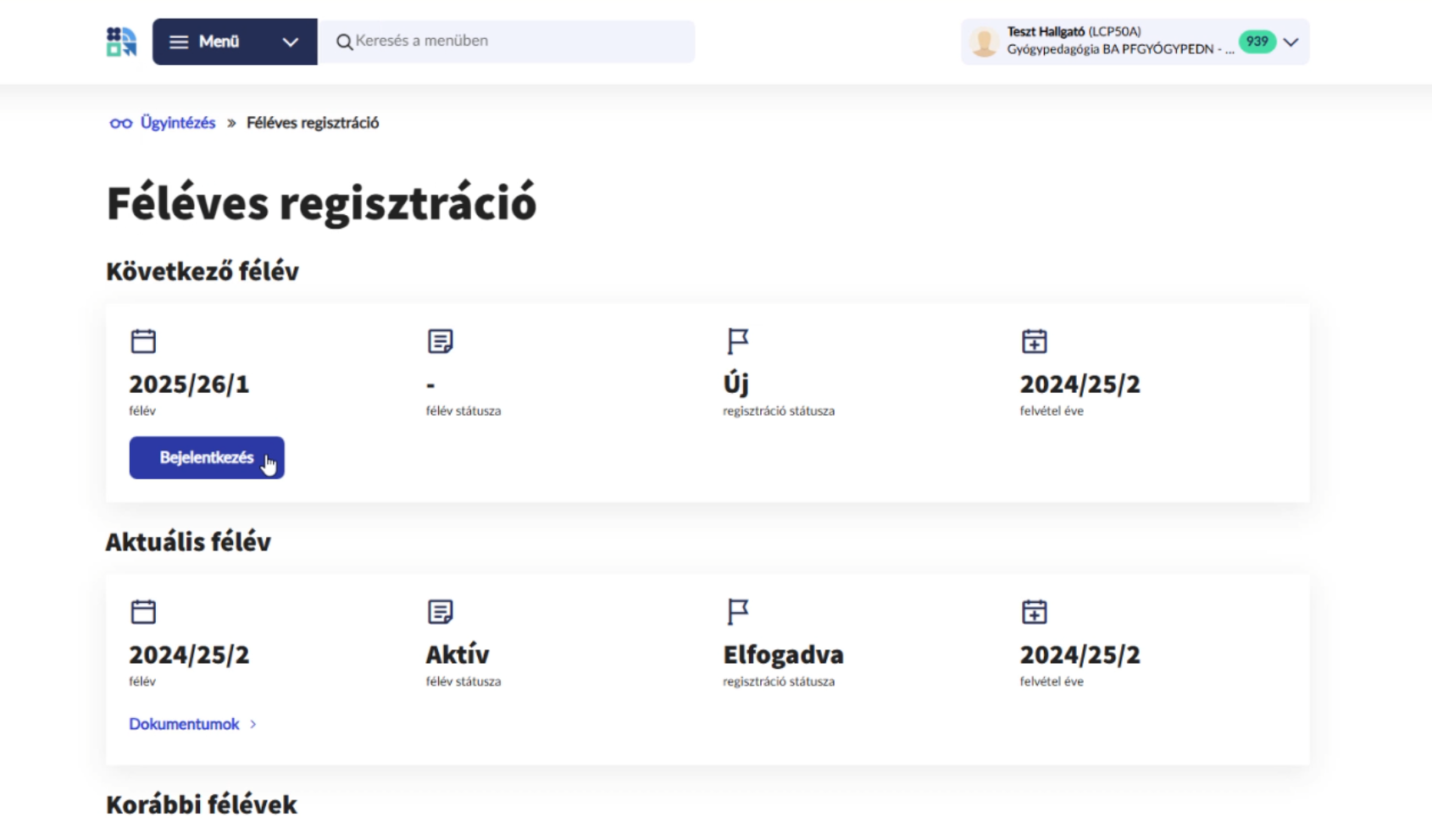 DE Neptun-Féléves regisztráció