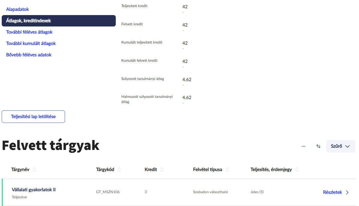 DE Neptun Felvett tárgyak 2